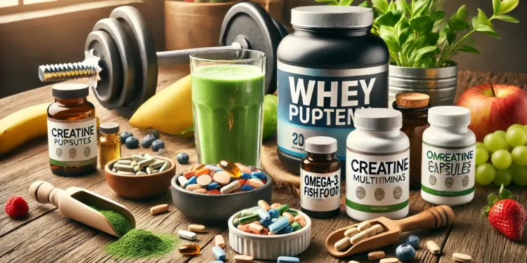 Suplementos alimentares: proteína e creatina em superfície de madeira