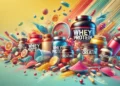 Suplementos alimentares incluindo whey protein, creatina e multivitaminas em imagem