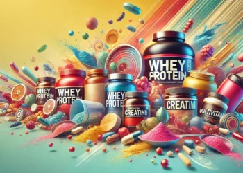 Suplementos alimentares incluindo whey protein, creatina e multivitaminas em imagem