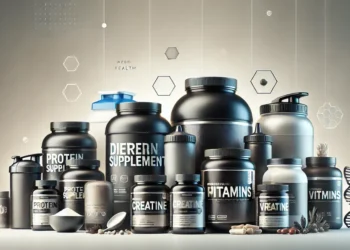 Variedade de suplementos dietéticos incluindo proteínas, creatina e vitaminas