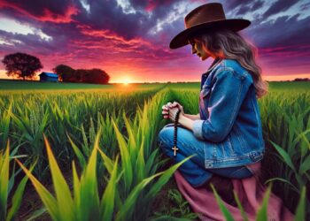 Agricultora orando (imagem gerada por IA)