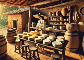 Mulher cozinhando queijo artesanal na zona rural brasileira
