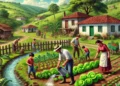 Família trabalhando em uma pequena horta de vegetais no Brasil