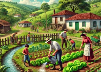 Família trabalhando em uma pequena horta de vegetais no Brasil