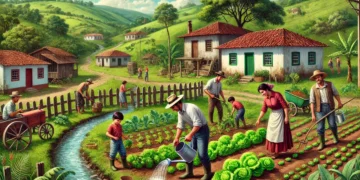 Família trabalhando em uma pequena horta de vegetais no Brasil
