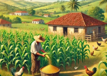 Fazendeiro colhendo milho em um campo rural no Brasil