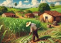 Fazendeiro cuidando de cana-de-açúcar no Brasil