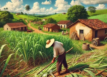 Fazendeiro cuidando de cana-de-açúcar no Brasil