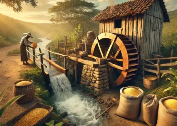 Moinhos de milho rurais no Brasil com agricultor velho