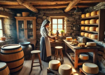 Mulher com roupa tradicional fazendo queijo em casa rústica