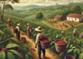 Paisagem rural brasileira com plantação de café na colheita das cerejas.