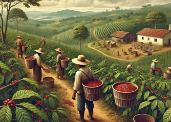 Paisagem rural brasileira com plantação de café na colheita das cerejas.