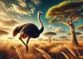 Avestruz na savana (imagem gerada por IA)